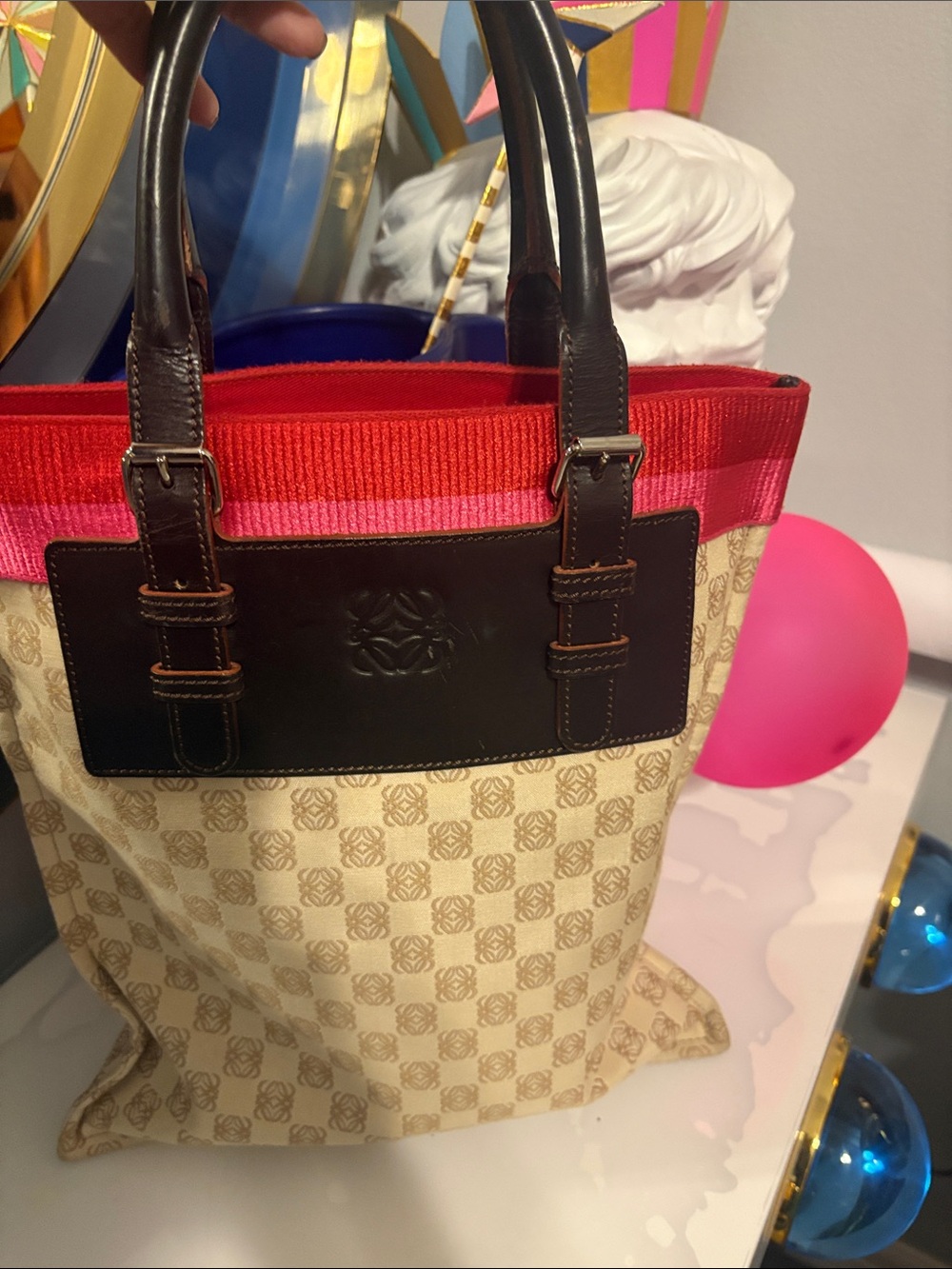 Authentic Loewe Cream Logo Canvas Tote with Brown Leather and Pink-Red Trim